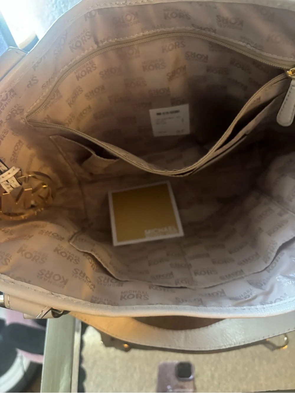 Michael Kors Tan Straw Satchel with White Trim and Gold Hardware